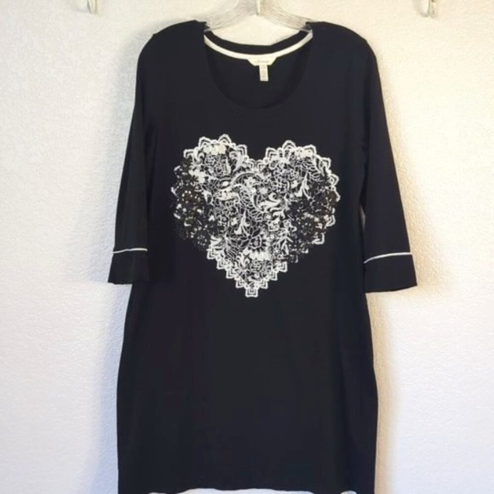 Soma Size M Pajama Sleepshirt Nightgown Black Gray White Heart